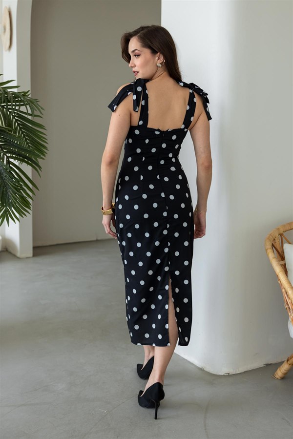 Omuz Bağlamalı Puantiyeli Elbise - SİYAH
