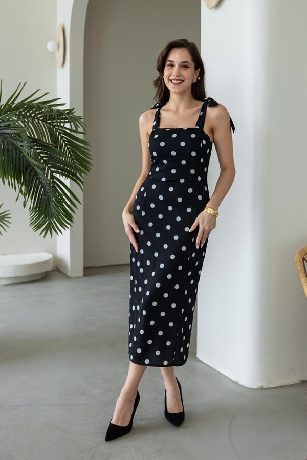 Omuz Bağlamalı Puantiyeli Elbise - SİYAH