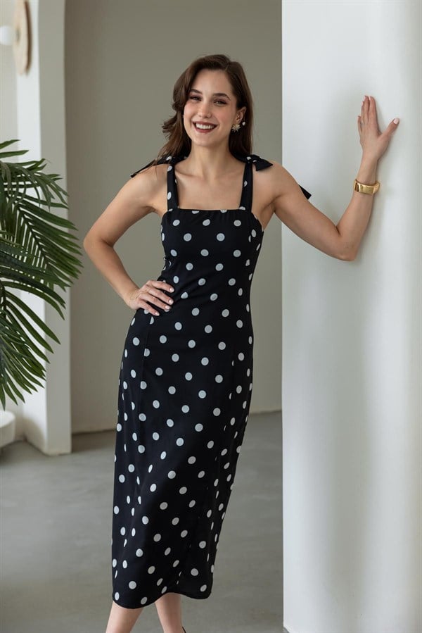 Omuz Bağlamalı Puantiyeli Elbise - SİYAH