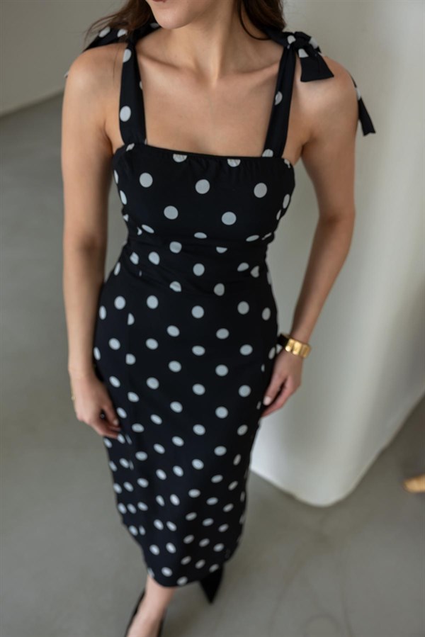 Omuz Bağlamalı Puantiyeli Elbise - SİYAH