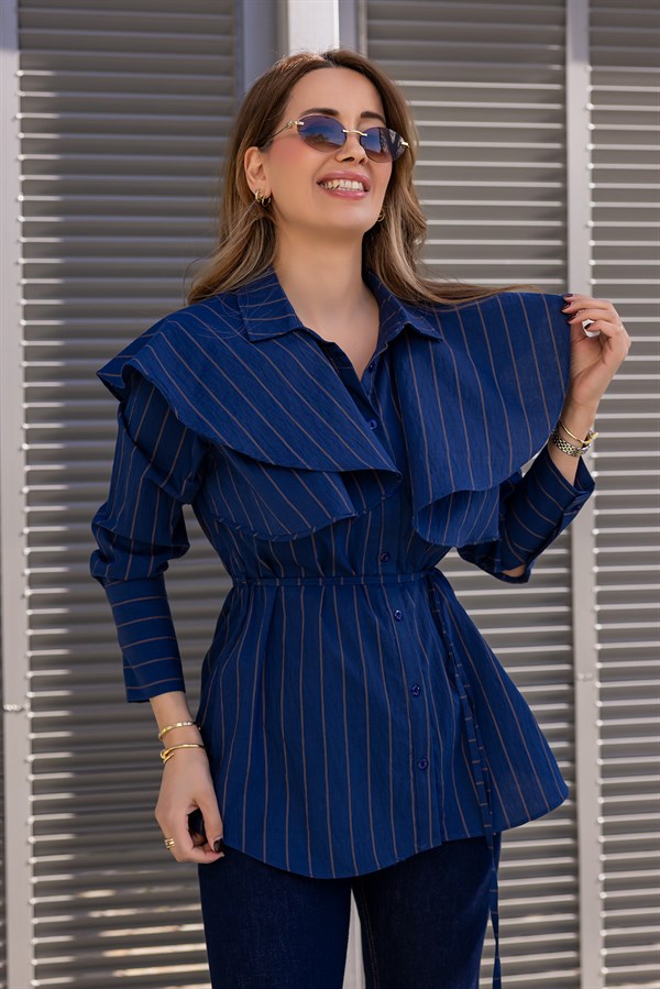 Omuz Detay Çizgili Gömlek - LACİVERT