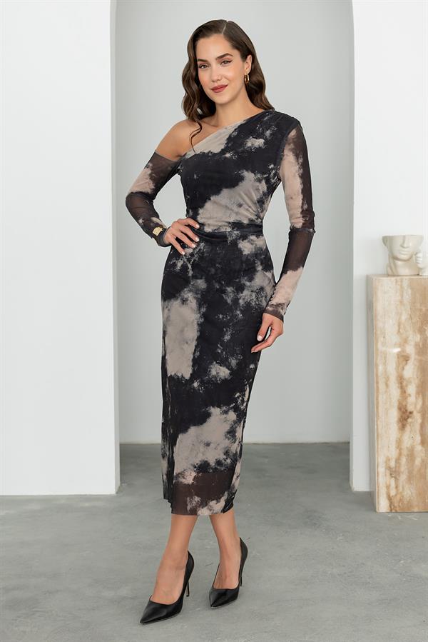 Omuz Detay Tül Elbise - SİYAH