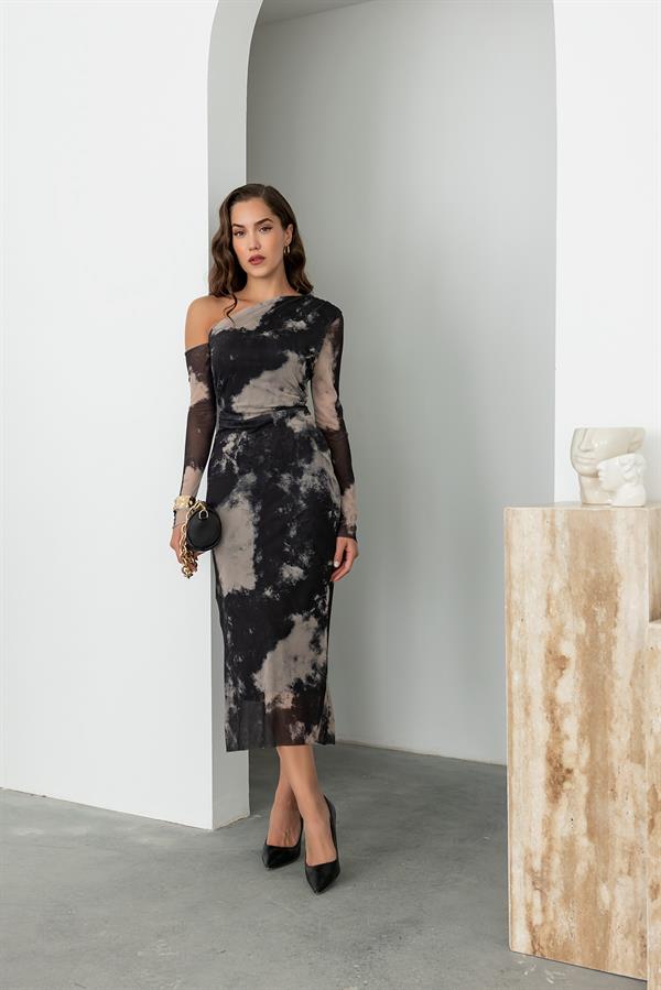 Omuz Detay Tül Elbise - SİYAH