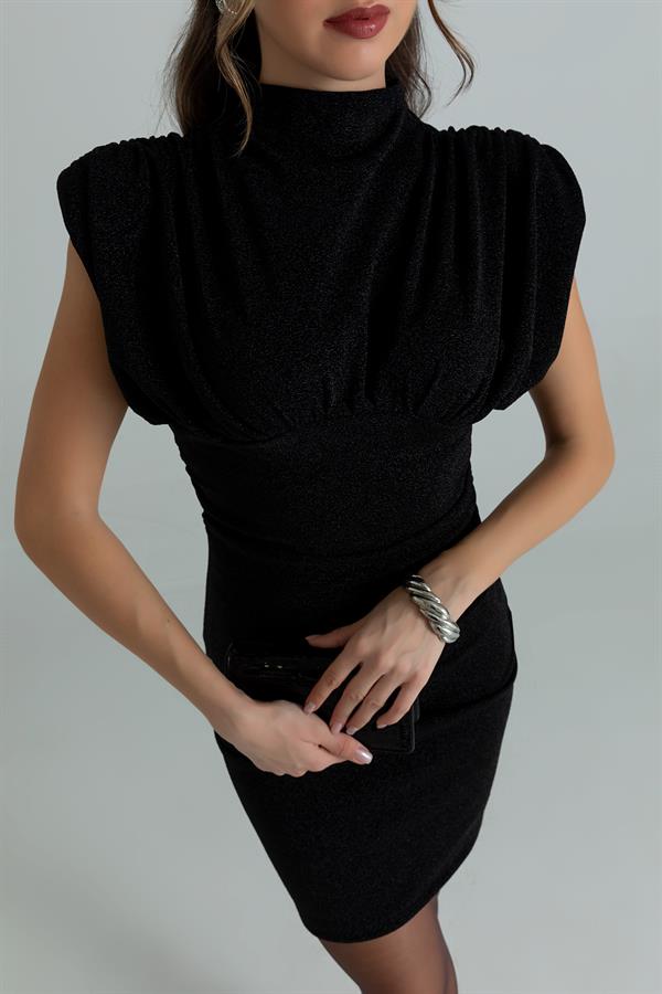 Omuz Drapeli Elbise - SİYAH