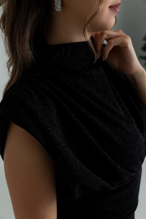 Omuz Drapeli Elbise - SİYAH