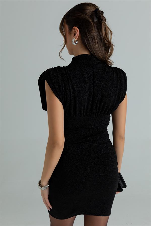 Omuz Drapeli Elbise - SİYAH