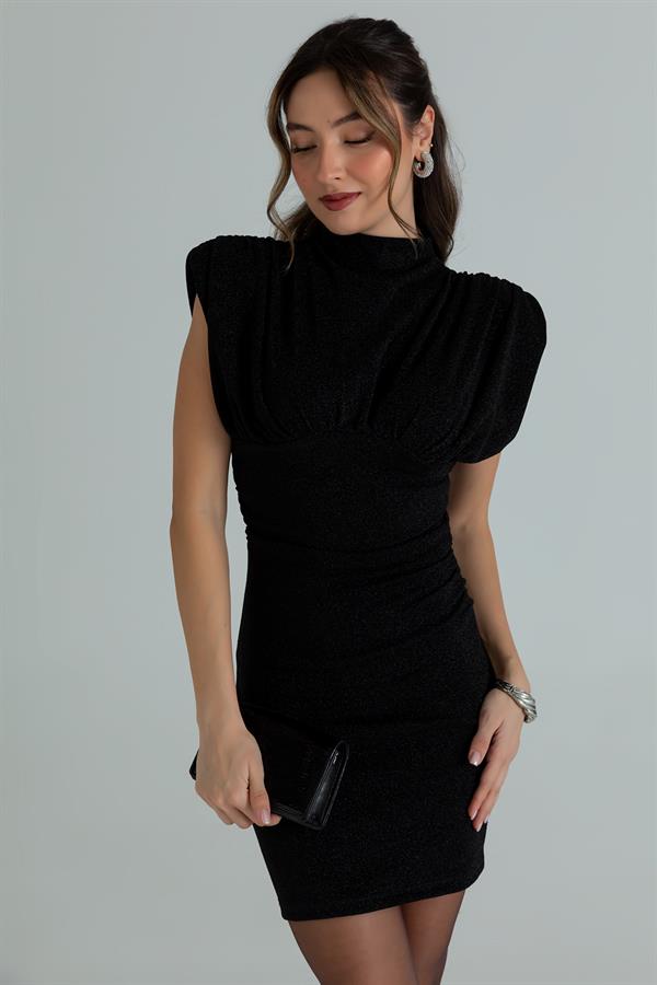 Omuz Drapeli Elbise - SİYAH