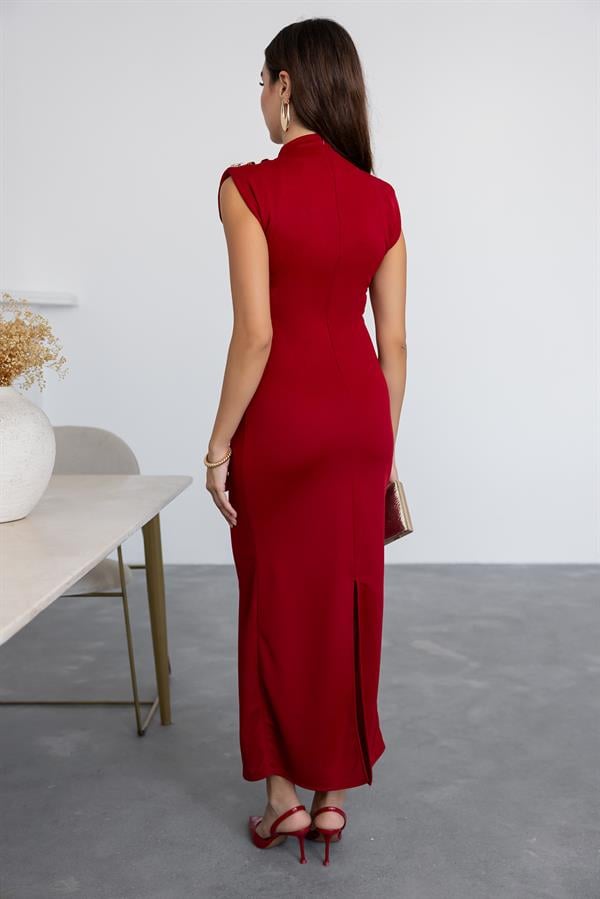 Omuz Düğmeli Kalem Elbise - BORDO