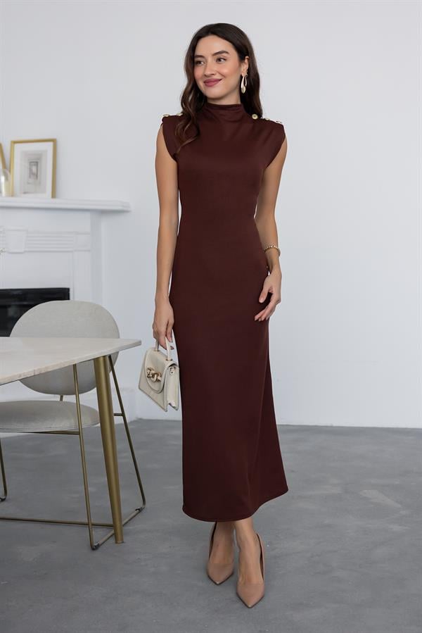 Omuz Düğmeli Kalem Elbise - KAHVERENGİ