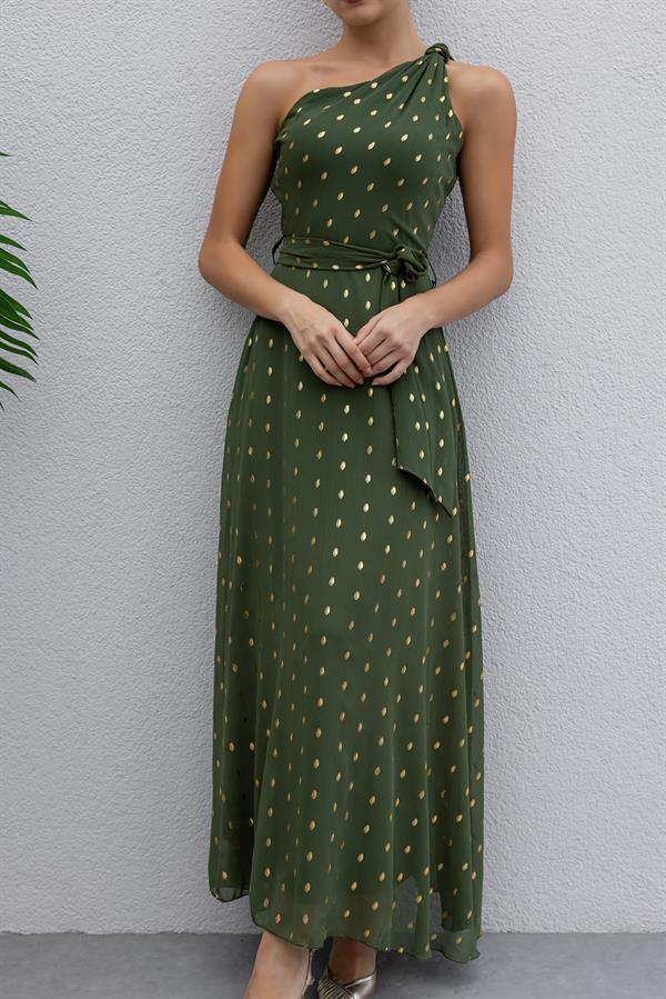 Omuz Düğümlü Tül Elbise - HAKİ