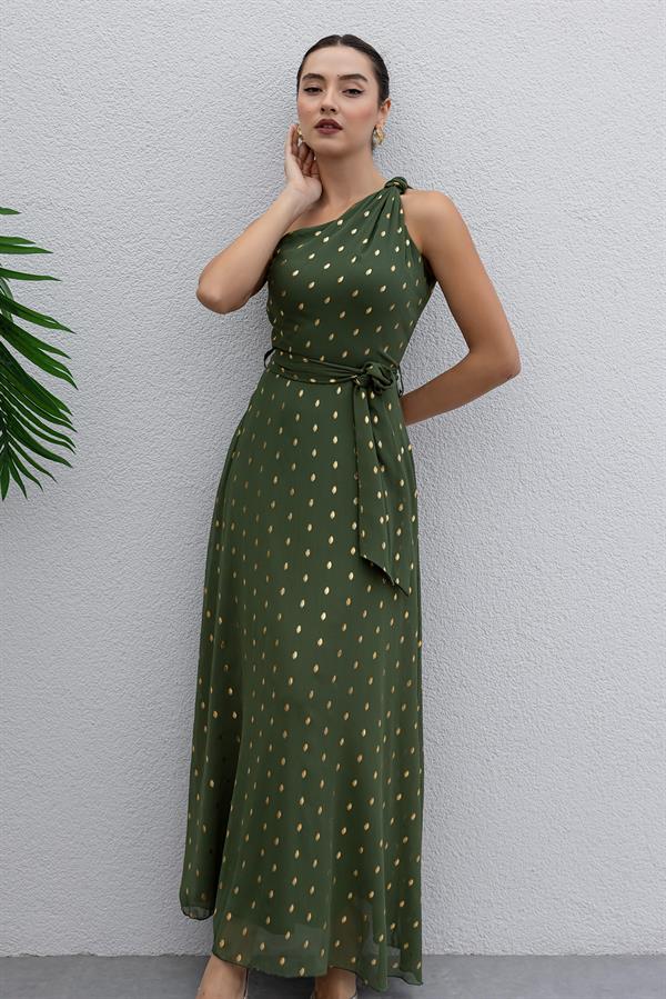 Omuz Düğümlü Tül Elbise - HAKİ