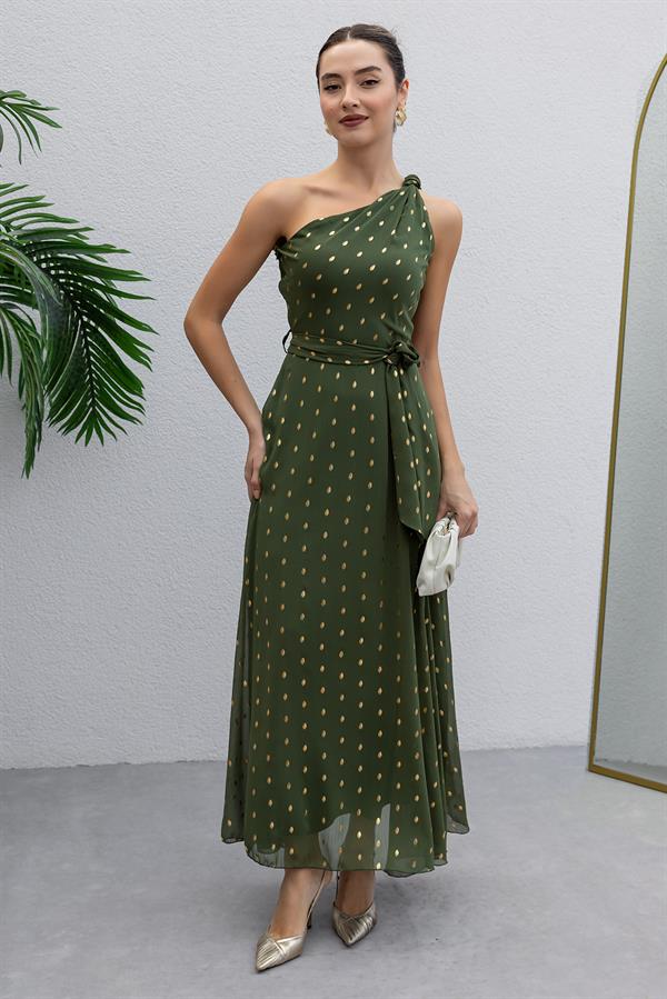 Omuz Düğümlü Tül Elbise - HAKİ