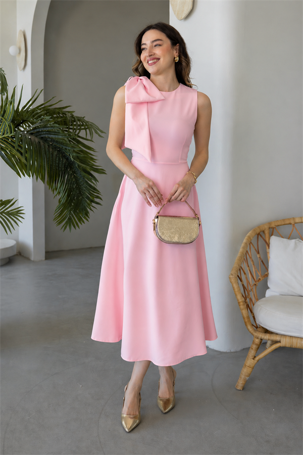 Omuz Fiyonklu Elbise - PEMBE