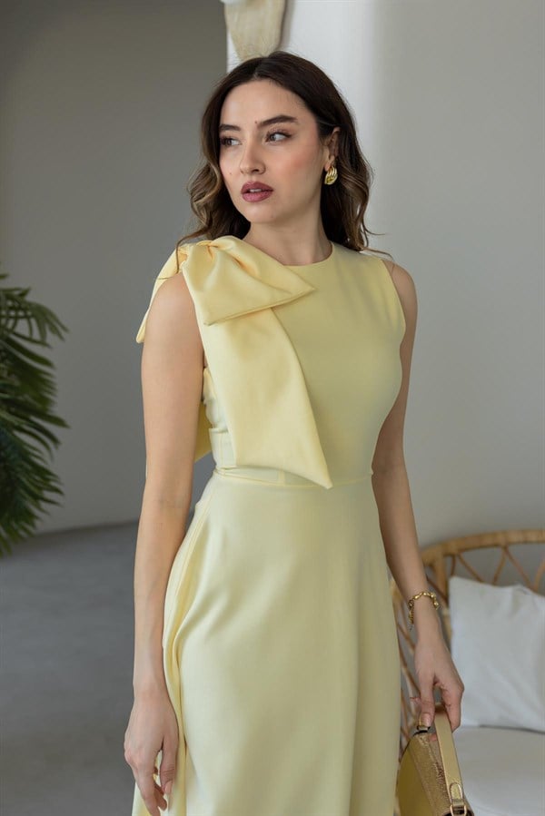 Omuz Fiyonklu Elbise - SARI