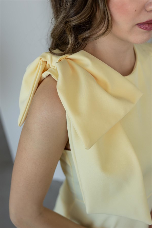 Omuz Fiyonklu Elbise - SARI