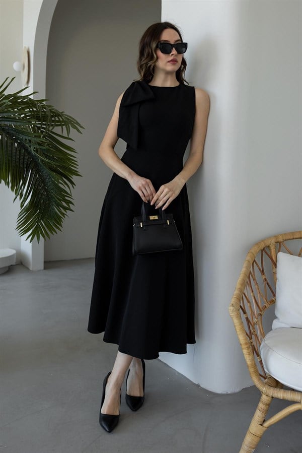 Omuz Fiyonklu Elbise - SİYAH