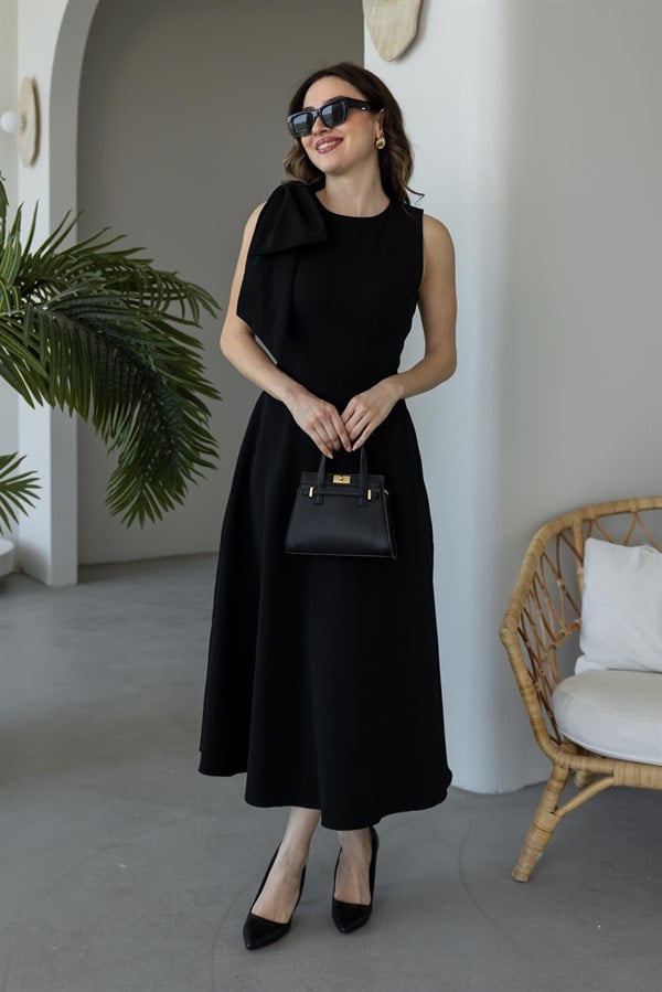 Omuz Fiyonklu Elbise - SİYAH