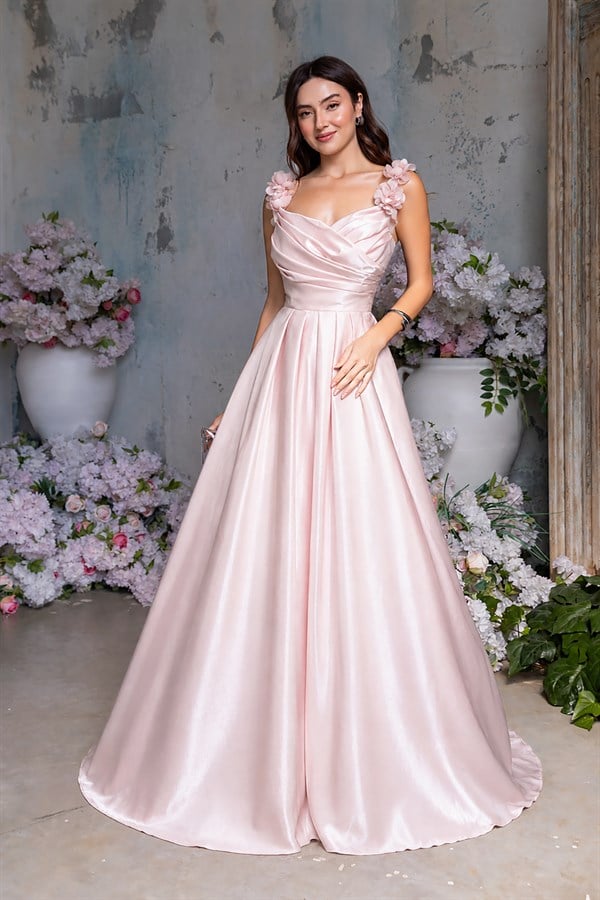 Omuz Gül Detaylı Saten Abiye - PEMBE