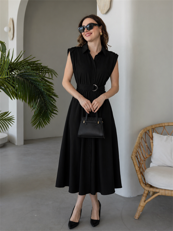 Omuz Kemer Detaylı Elbise - SİYAH