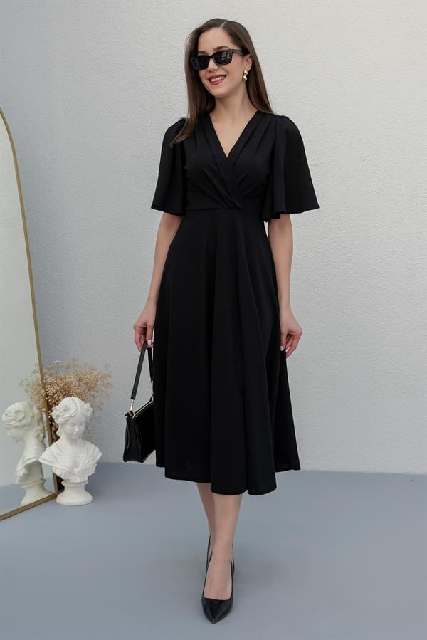 Pleated Shoulder Midi Dress - Black
