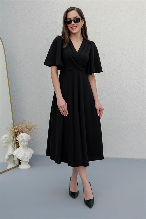 Pleated Shoulder Midi Dress - Black