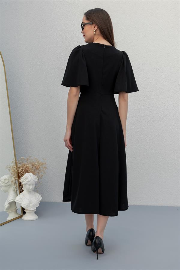 Pleated Shoulder Midi Dress - Black