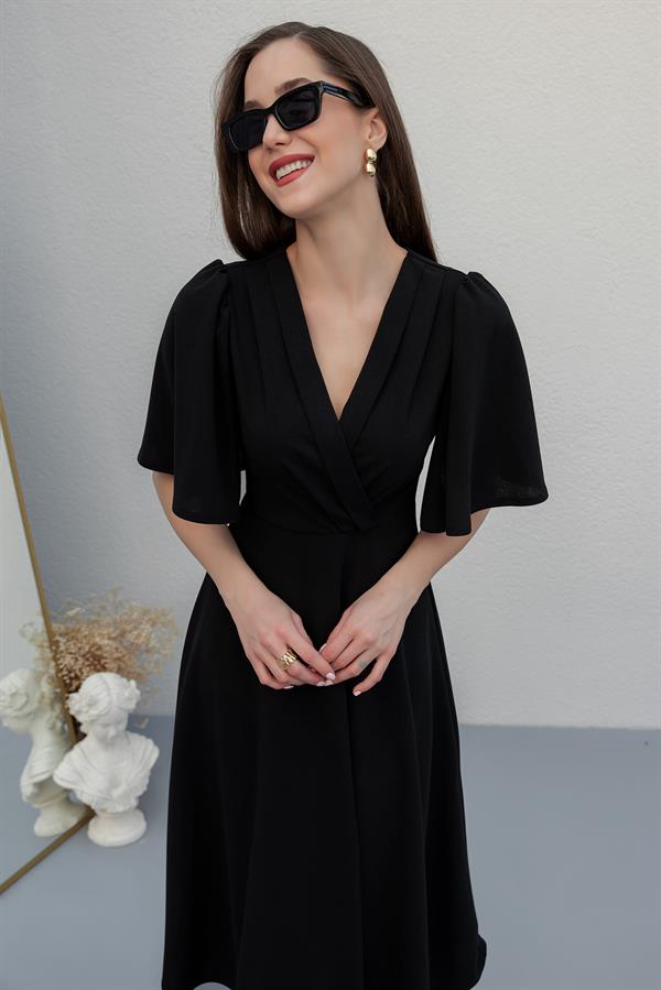 Pleated Shoulder Midi Dress - Black