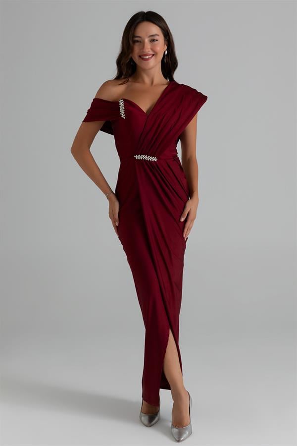 Omuz Tasarım Anvelop Abiye - BORDO