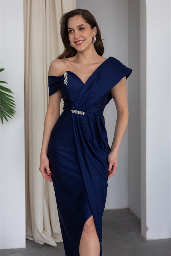 Omuz Tasarım Anvelop Abiye - LACİVERT