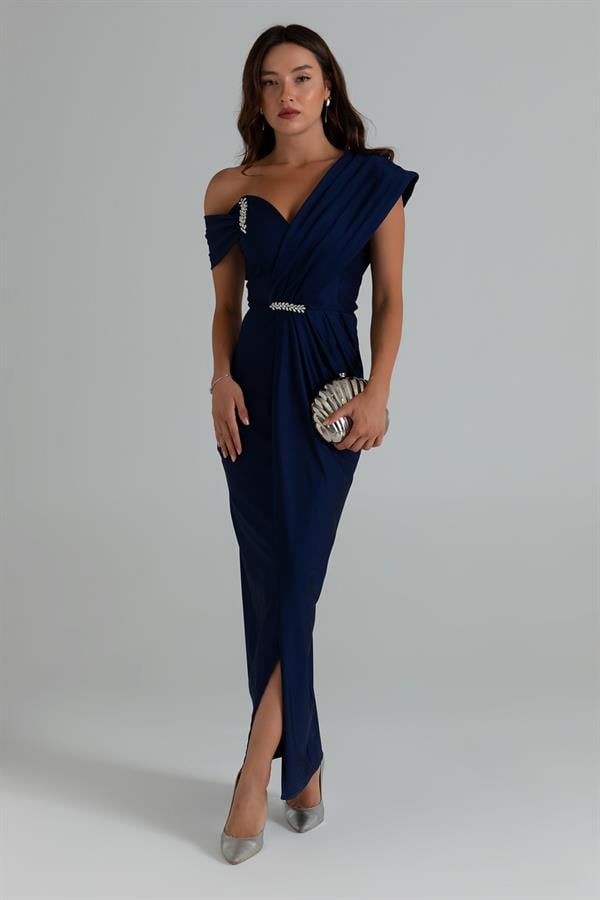 Omuz Tasarım Anvelop Abiye - LACİVERT