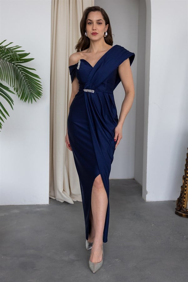 Omuz Tasarım Anvelop Abiye - LACİVERT