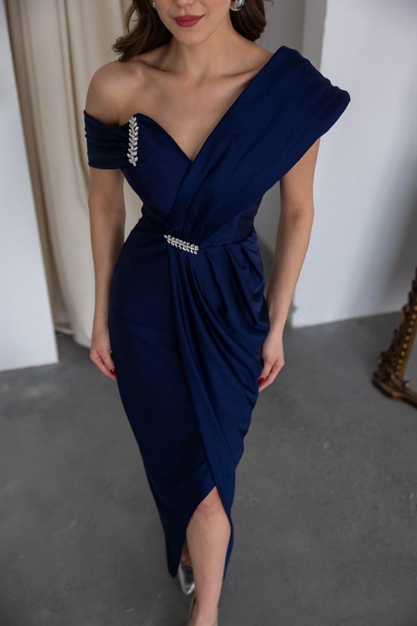 Omuz Tasarım Anvelop Abiye - LACİVERT