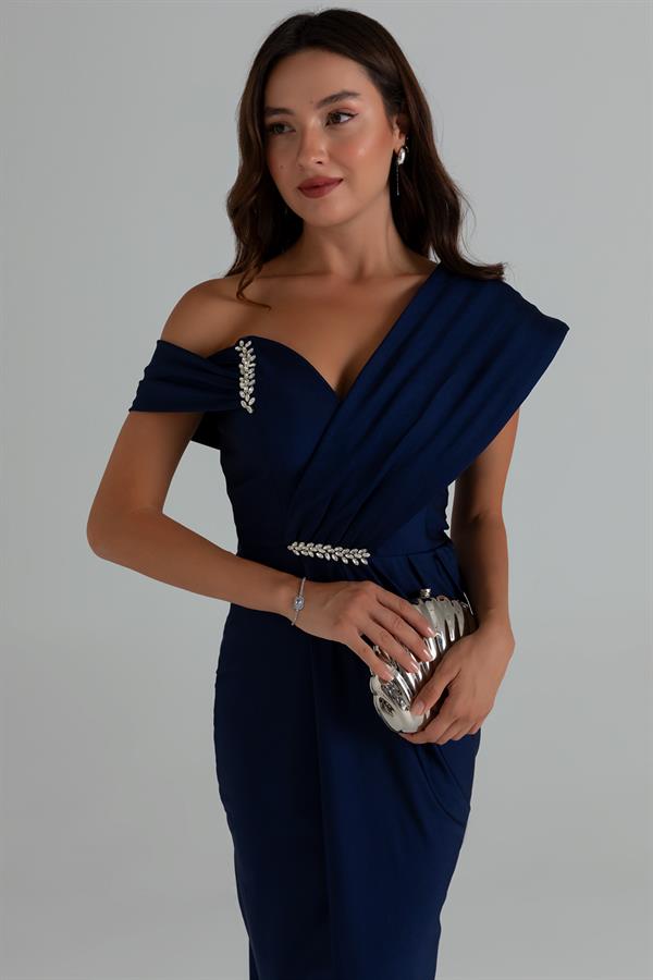 Omuz Tasarım Anvelop Abiye - LACİVERT