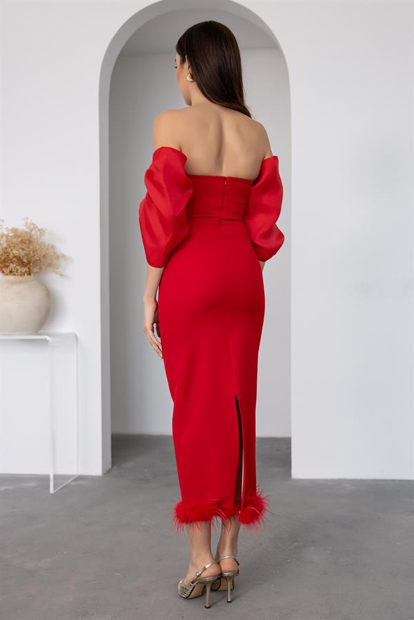 Midi Feather Detail Gown - Baby Blue