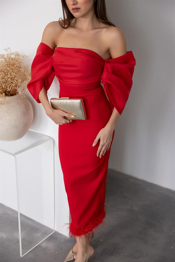 Midi Feather Detail Gown - Baby Blue