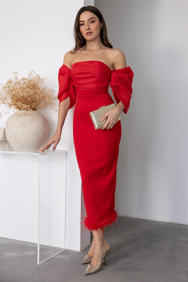 Midi Feather Detail Gown - Baby Blue