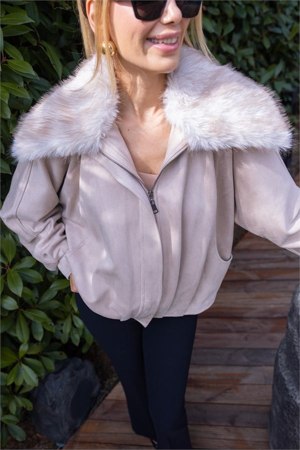 Overisze Kürk Yakalı Süet Ceket - TAŞ