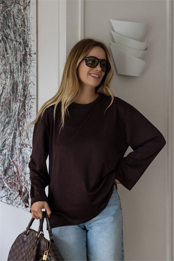 Oversize Bisiklet Yaka Salaş Bluz - KAHVERENGİ