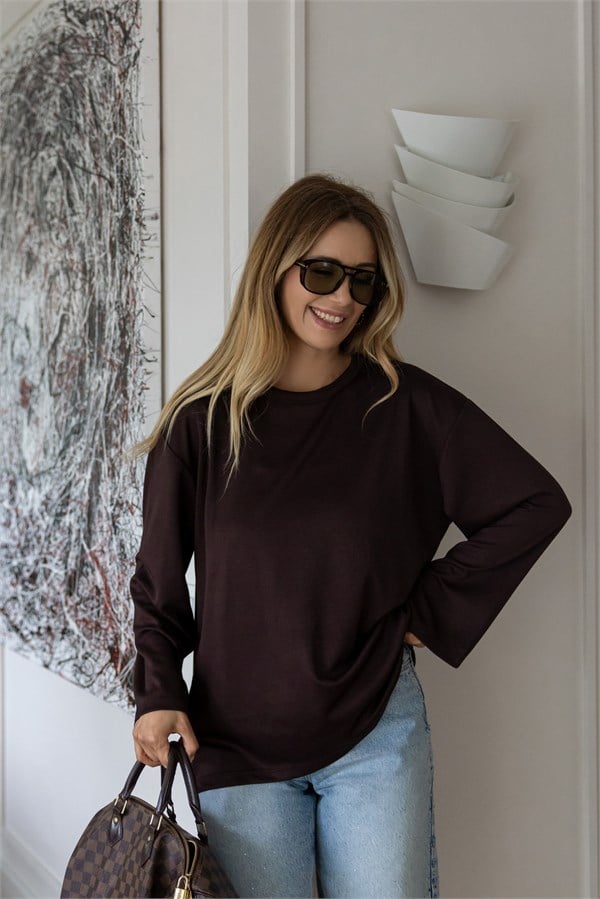 Oversize Bisiklet Yaka Salaş Bluz - KAHVERENGİ