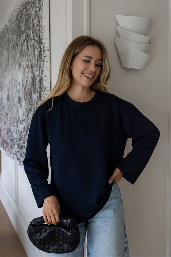 Oversize Bisiklet Yaka Salaş Bluz - LACİVERT