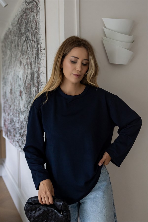 Oversize Bisiklet Yaka Salaş Bluz - LACİVERT