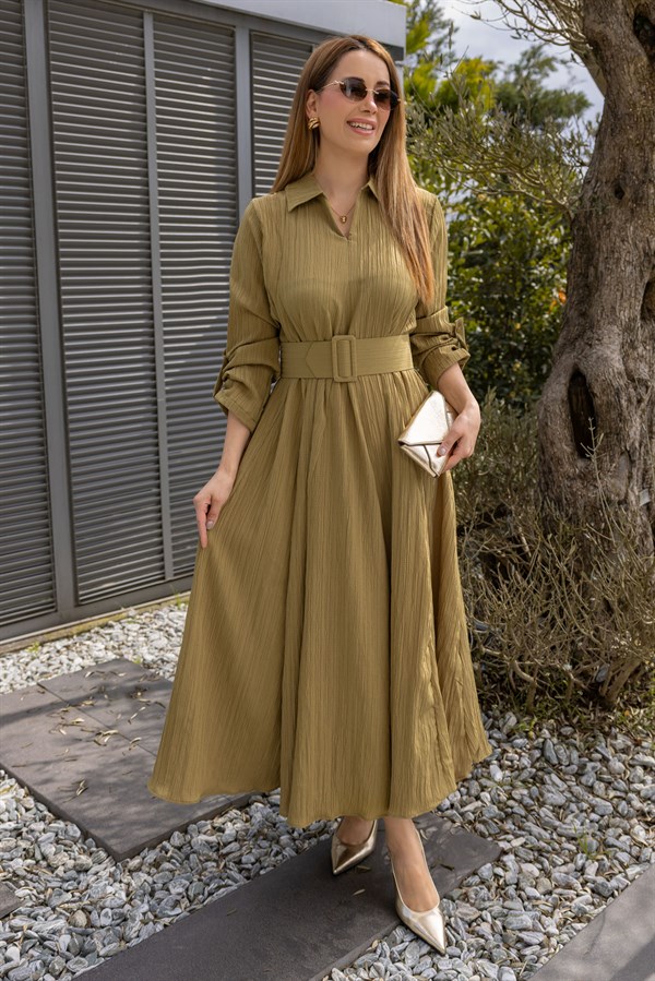 Oversize Bürümcük Elbise - YAĞ YEŞİLİ