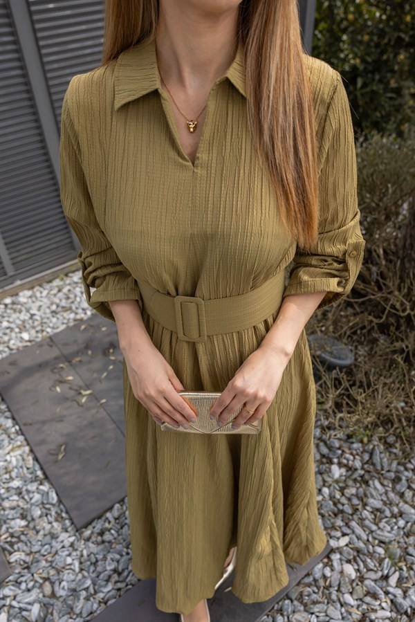 Oversize Bürümcük Elbise - YAĞ YEŞİLİ