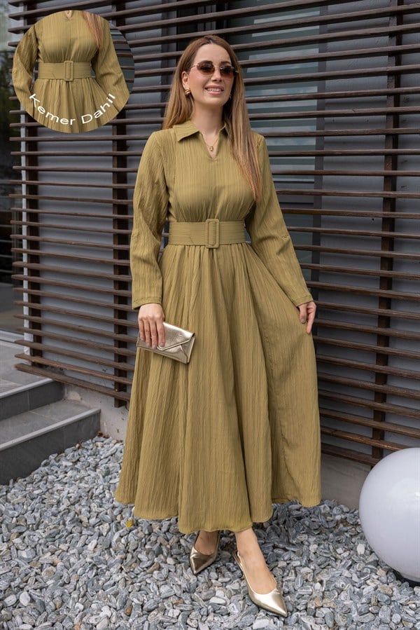 Oversize Bürümcük Elbise - YAĞ YEŞİLİ