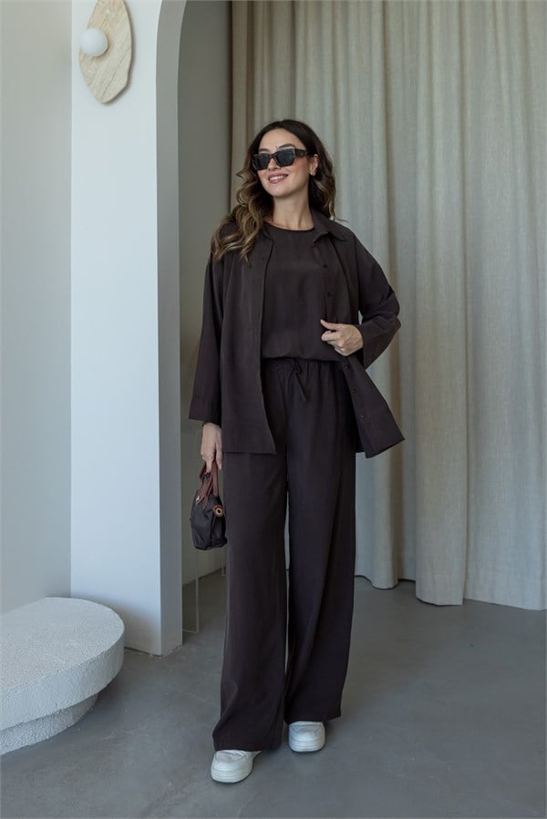 Oversize Gömlek Üçlü Takım - KAHVERENGİ