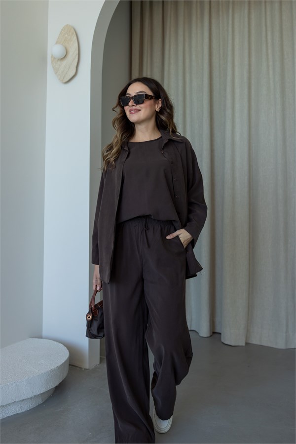 Oversize Gömlek Üçlü Takım - KAHVERENGİ