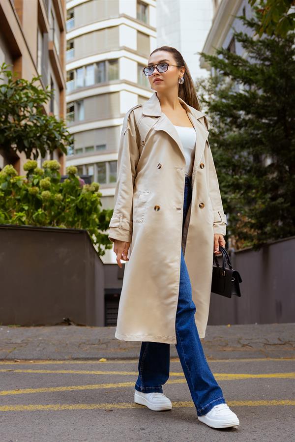 Oversize Kemerli Trençkot - KREM