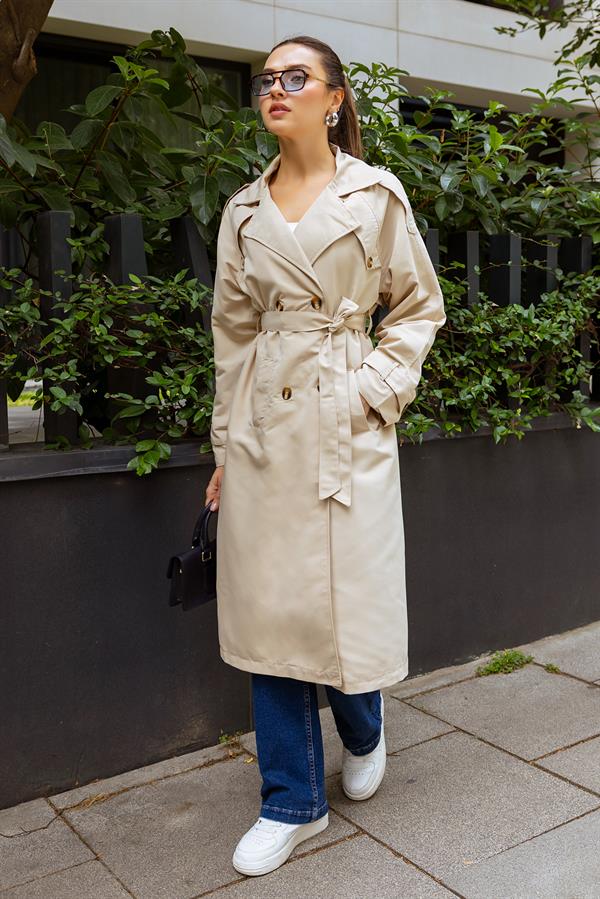 Oversize Kemerli Trençkot - KREM