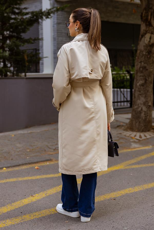 Oversize Kemerli Trençkot - KREM