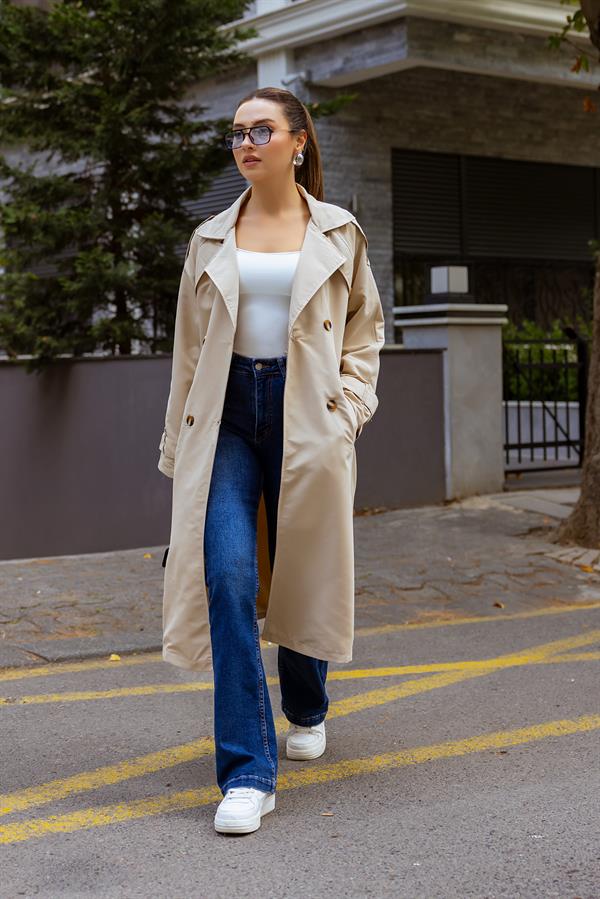 Oversize Kemerli Trençkot - KREM